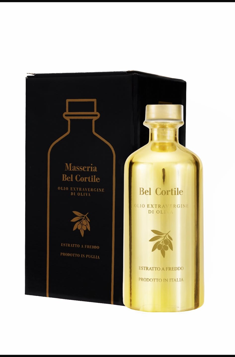 Confezione e bottiglia dell'olio Masseria Bel Cortile